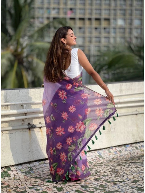 Women's Linen Printed Saree With Unstitched Blouse 5.5Mtr (Purple)