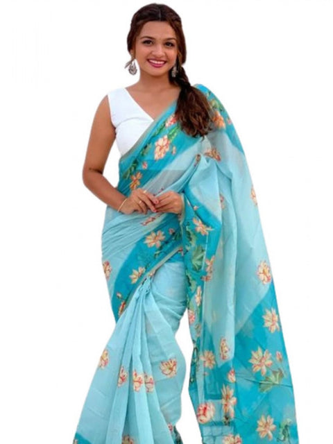 Women's Linen Printed Saree With Unstitched Blouse 5.5Mtr (Aqua)
