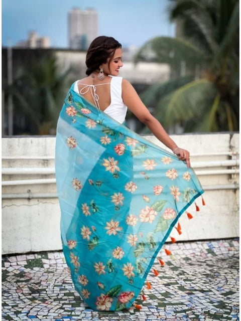 Women's Linen Printed Saree With Unstitched Blouse 5.5Mtr (Aqua)