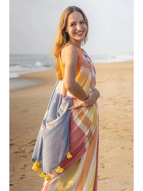 Women's Linen Printed Saree With Unstitched Blouse 5.5Mtr (Yellow)