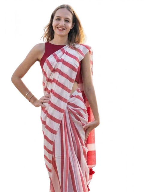 Women's Linen Printed Saree With Unstitched Blouse 5.5Mtr (Red)