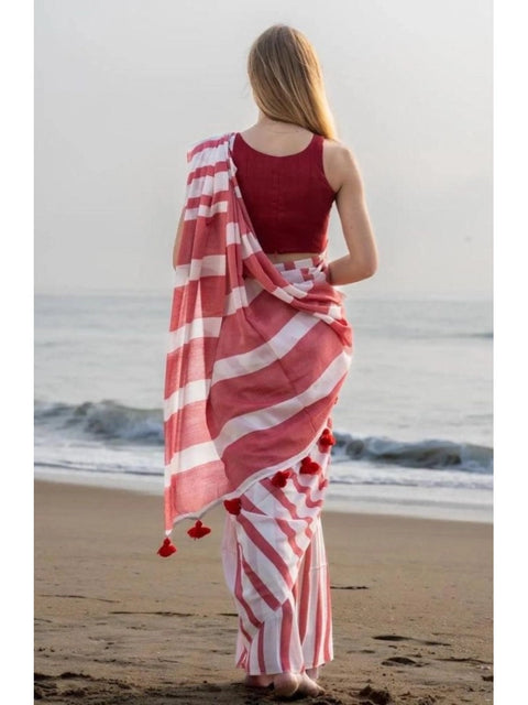 Women's Linen Printed Saree With Unstitched Blouse 5.5Mtr (Red)