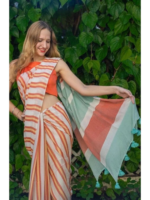 Women's Linen Printed Saree With Unstitched Blouse 5.5Mtr (Orange)