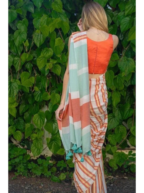 Women's Linen Printed Saree With Unstitched Blouse 5.5Mtr (Orange)