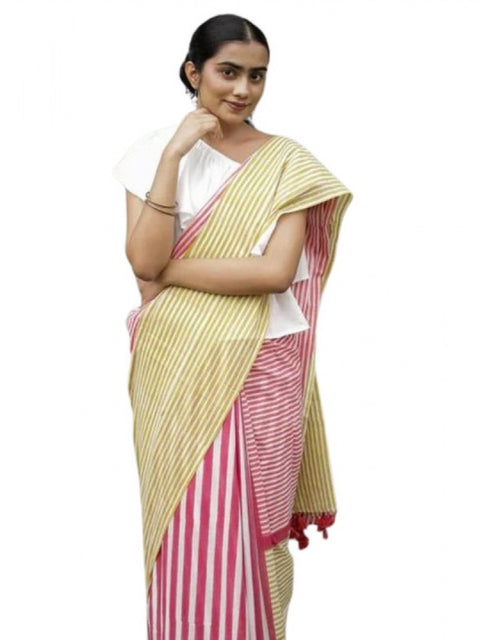 Women's Linen Printed Saree With Unstitched Blouse 5.5Mtr (Yellow)