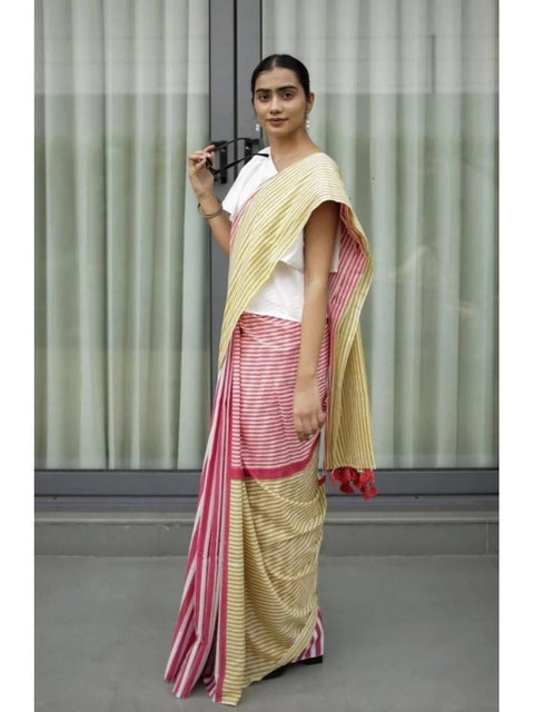 Women's Linen Printed Saree With Unstitched Blouse 5.5Mtr (Yellow)