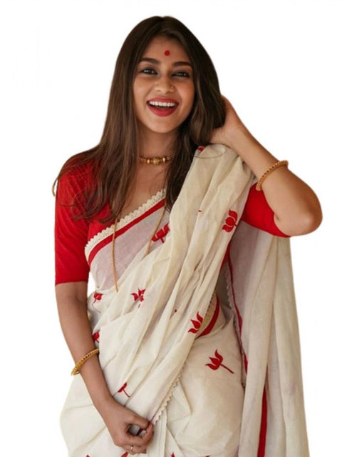 Women's Linen Printed Saree With Unstitched Blouse 5.5Mtr (White)