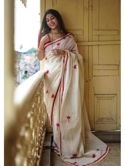 Women's Linen Printed Saree With Unstitched Blouse 5.5Mtr (White)