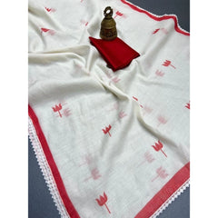 Generic Women's Linen Printed Saree With Unstitched Blouse 5.5Mtr (White)