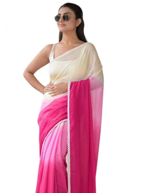 Women's Linen Printed Saree With Unstitched Blouse 5.5Mtr (Pink)