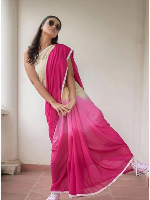 Women's Linen Printed Saree With Unstitched Blouse 5.5Mtr (Pink)