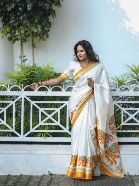 Women's Linen Printed Saree With Unstitched Blouse 5.5Mtr (White)