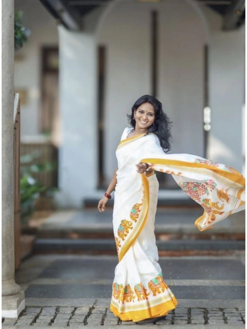 Women's Linen Printed Saree With Unstitched Blouse 5.5Mtr (White)