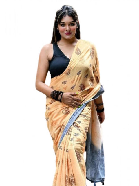 Women's Linen Printed Saree With Unstitched Blouse 5.5Mtr (Peach)