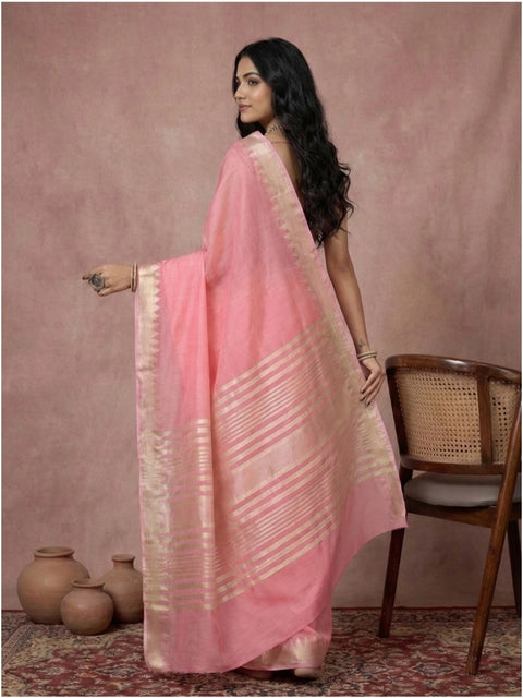 Women's Cotton Printed Saree With Unstitched Blouse 5.5Mtr (Coral Pink)