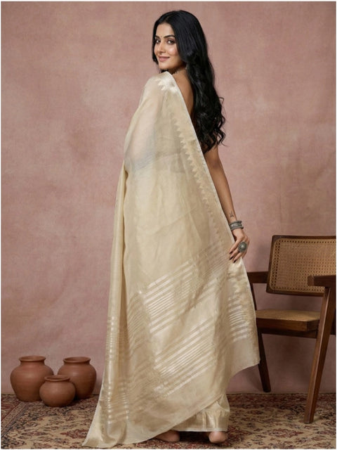 Women's Cotton Printed Saree With Unstitched Blouse 5.5Mtr (Cream)