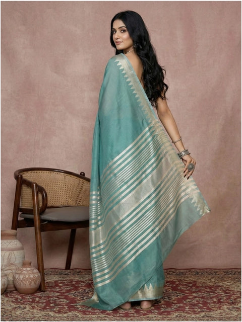 Women's Cotton Printed Saree With Unstitched Blouse 5.5Mtr (Teal)