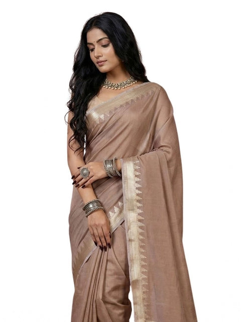 Women's Cotton Printed Saree With Unstitched Blouse 5.5Mtr (Beige)