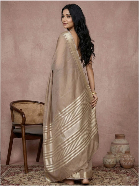 Women's Cotton Printed Saree With Unstitched Blouse 5.5Mtr (Beige)