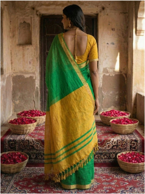 Women's Cotton Printed Saree With Unstitched Blouse 5.5Mtr (Green)