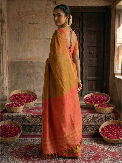 Women's Cotton Printed Saree With Unstitched Blouse 5.5Mtr (Mustrad)