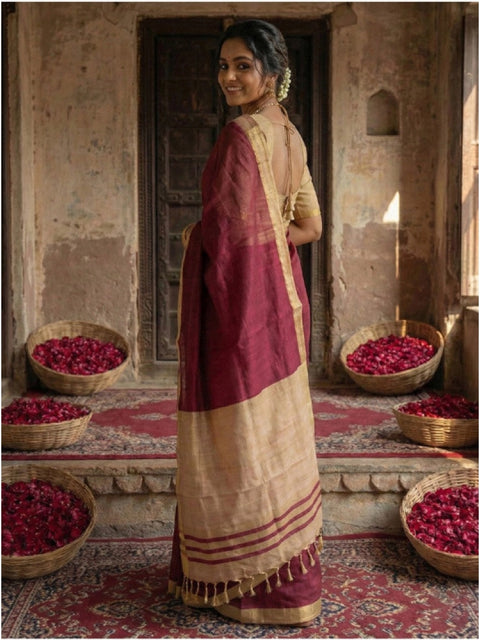 Women's Cotton Printed Saree With Unstitched Blouse 5.5Mtr (Wine)