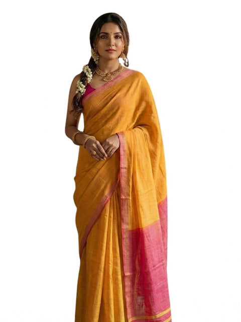 Women's Cotton Printed Saree With Unstitched Blouse 5.5Mtr (Yellow)