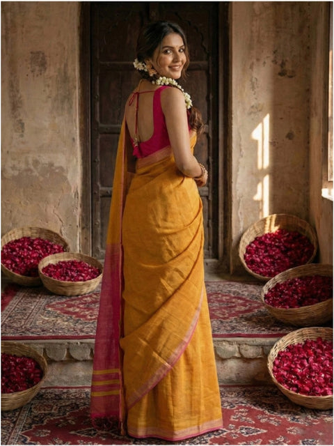 Women's Cotton Printed Saree With Unstitched Blouse 5.5Mtr (Yellow)