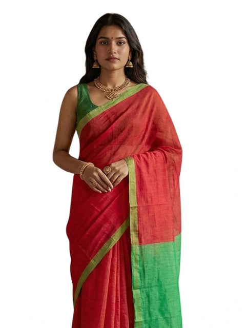 Women's Cotton Printed Saree With Unstitched Blouse 5.5Mtr (Red)