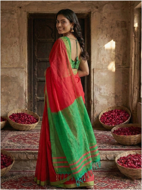 Women's Cotton Printed Saree With Unstitched Blouse 5.5Mtr (Red)