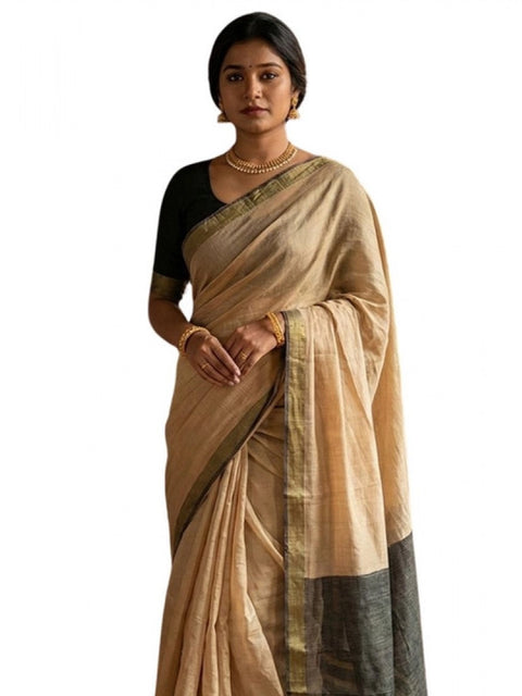Women's Cotton Printed Saree With Unstitched Blouse 5.5Mtr (Beige)