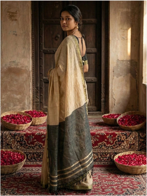 Women's Cotton Printed Saree With Unstitched Blouse 5.5Mtr (Beige)