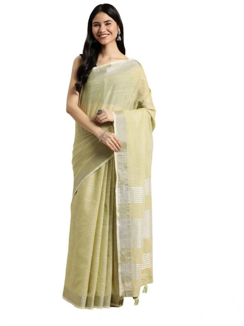 Women's Linen Cotton Printed Saree With Unstitched Blouse 5.5Mtr (Olive Green)