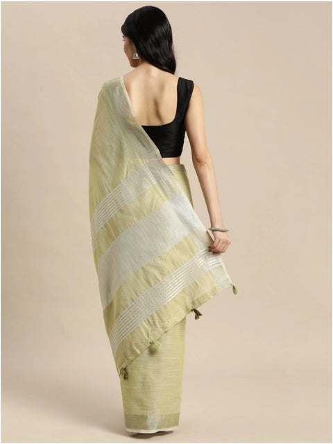 Women's Linen Cotton Printed Saree With Unstitched Blouse 5.5Mtr (Olive Green)