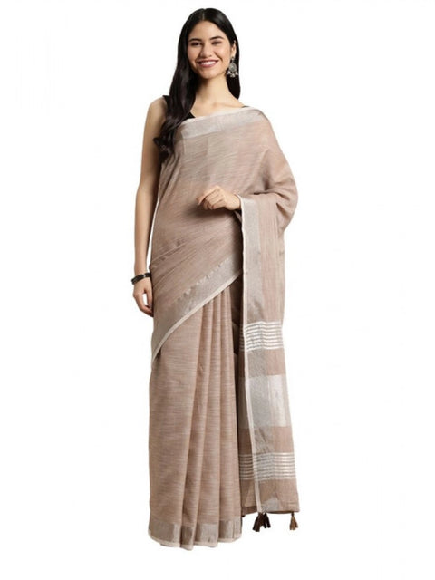 Women's Linen Cotton Printed Saree With Unstitched Blouse 5.5Mtr (Beige)