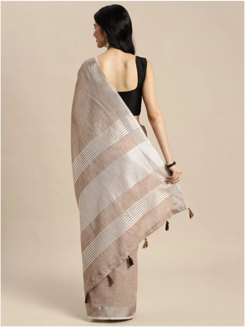 Women's Linen Cotton Printed Saree With Unstitched Blouse 5.5Mtr (Beige)