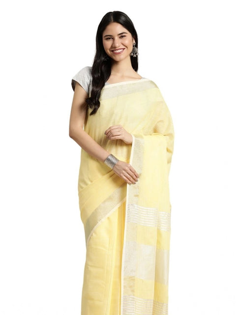 Women's Linen Cotton Printed Saree With Unstitched Blouse 5.5Mtr (Yellow)