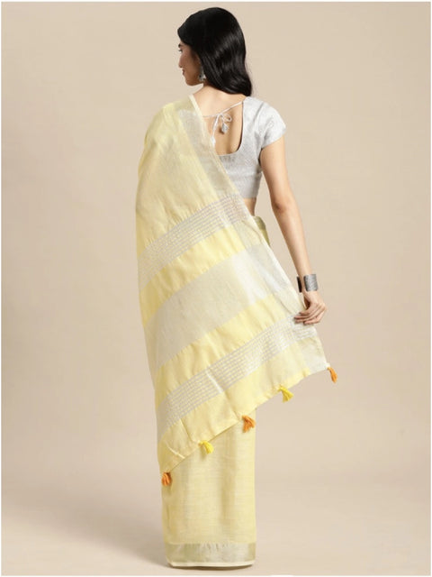 Women's Linen Cotton Printed Saree With Unstitched Blouse 5.5Mtr (Yellow)