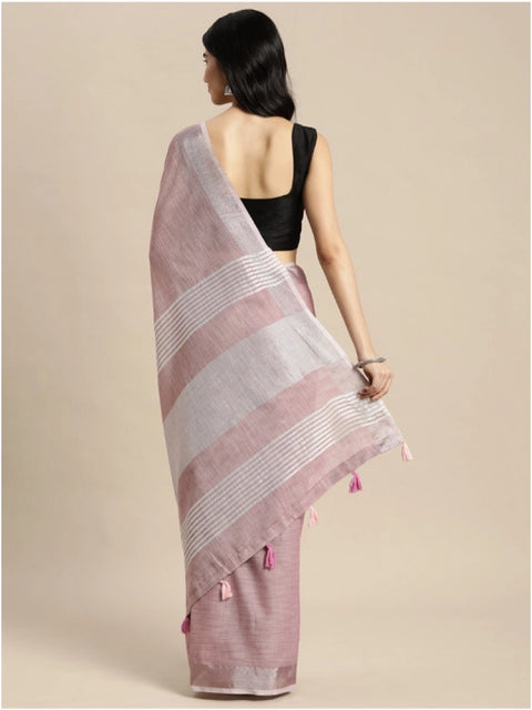Women's Linen Cotton Printed Saree With Unstitched Blouse 5.5Mtr (Purple)