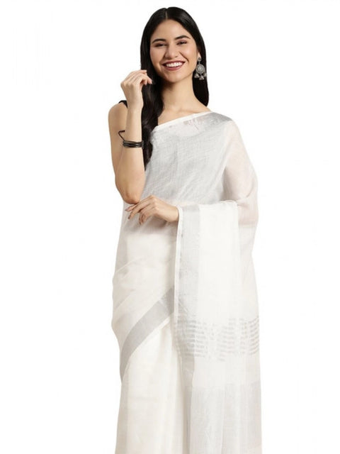 Women's Linen Cotton Printed Saree With Unstitched Blouse 5.5Mtr (White)