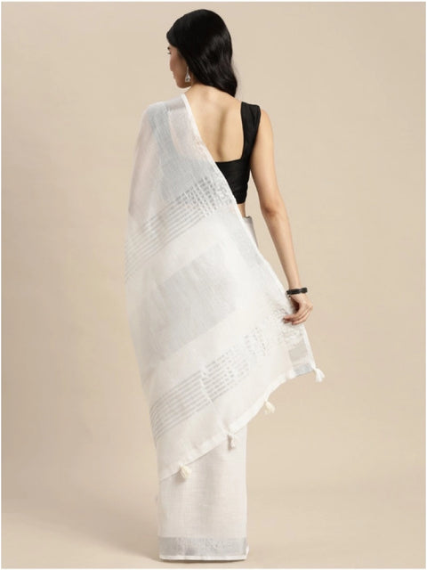 Women's Linen Cotton Printed Saree With Unstitched Blouse 5.5Mtr (White)