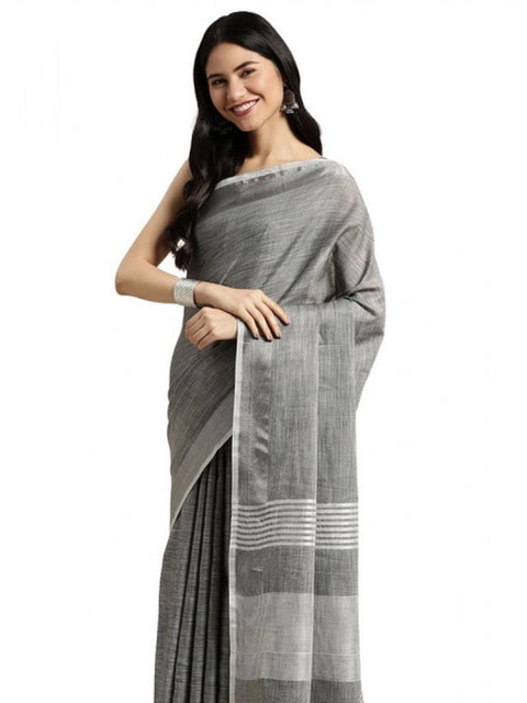 Women's Linen Cotton Printed Saree With Unstitched Blouse 5.5Mtr (Dark Grey)