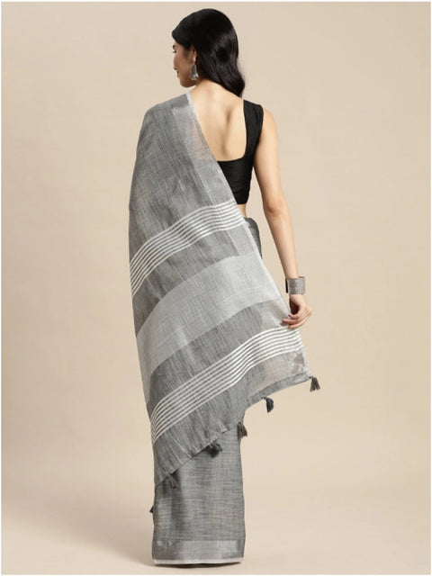 Women's Linen Cotton Printed Saree With Unstitched Blouse 5.5Mtr (Dark Grey)