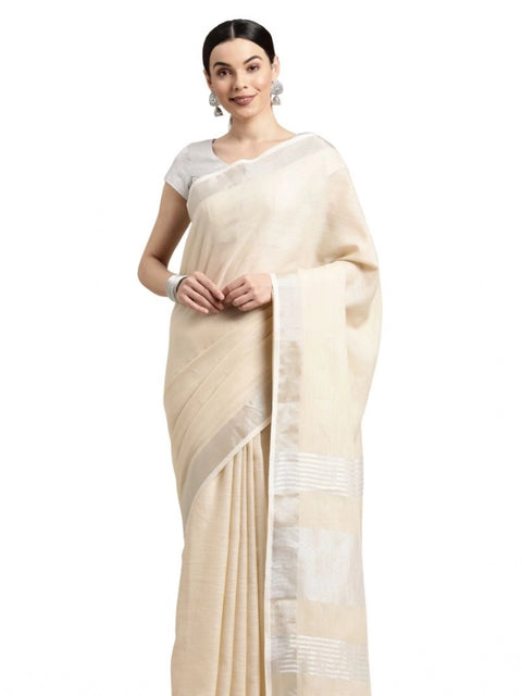 Women's Linen Cotton Printed Saree With Unstitched Blouse 5.5Mtr (Cream)