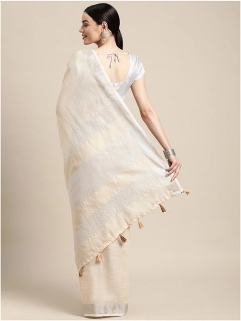 Women's Linen Cotton Printed Saree With Unstitched Blouse 5.5Mtr (Cream)