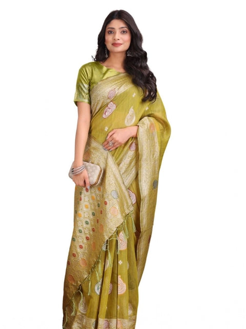 Women's Linen Cotton Printed Saree With Unstitched Blouse 5.5Mtr (Mustrad)