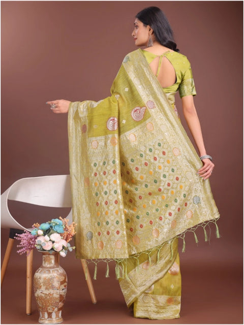 Women's Linen Cotton Printed Saree With Unstitched Blouse 5.5Mtr (Mustrad)
