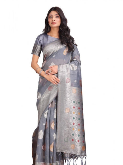 Women's Linen Cotton Printed Saree With Unstitched Blouse 5.5Mtr (Grey)