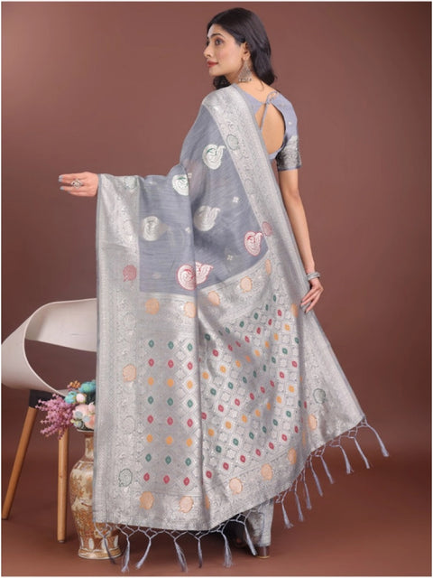Women's Linen Cotton Printed Saree With Unstitched Blouse 5.5Mtr (Grey)