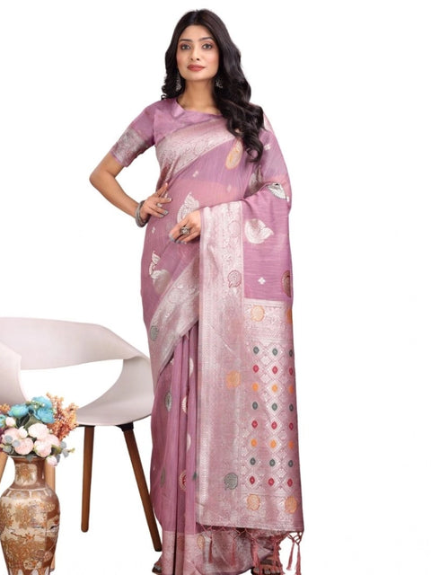 Women's Linen Cotton Printed Saree With Unstitched Blouse 5.5Mtr (Purple)